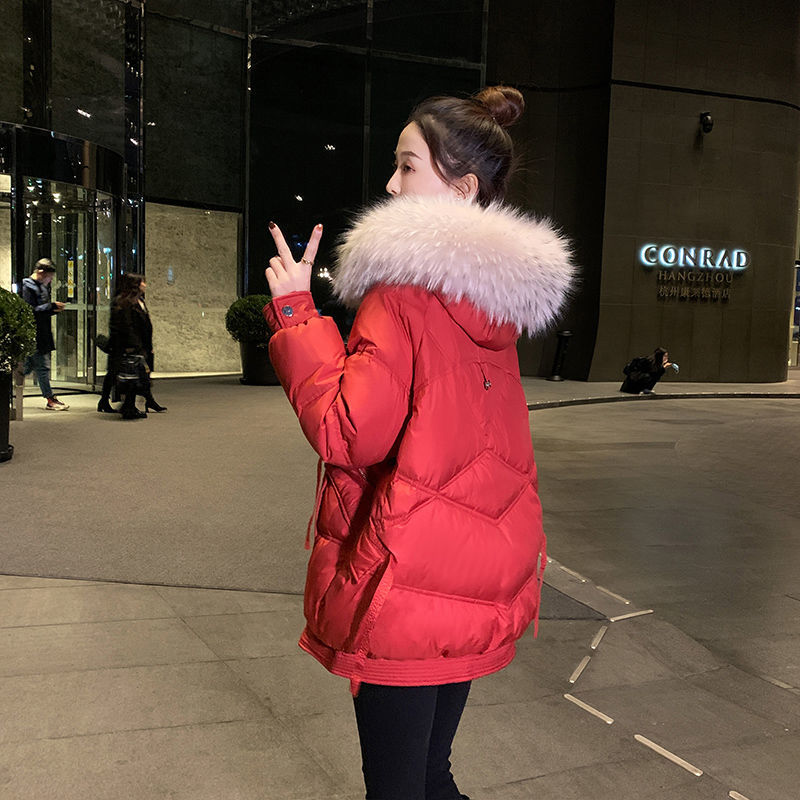 波斯登红色羽绒服女冬季中长款时尚棉衣洋气爆款宽松棉袄加厚韩版