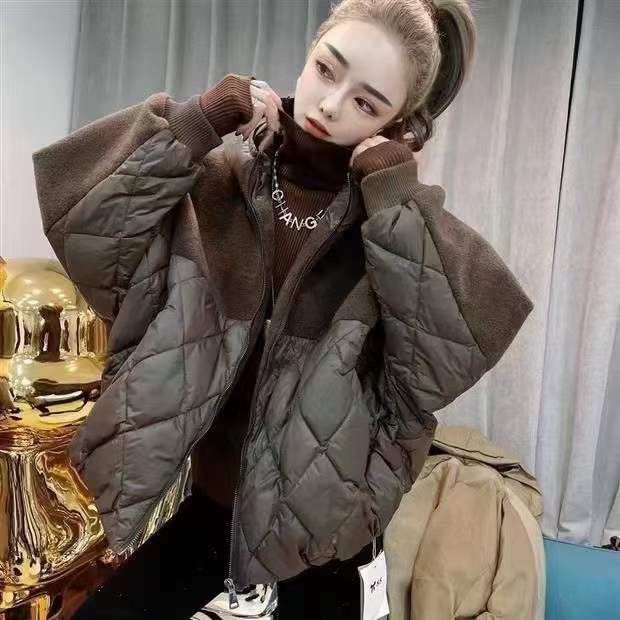 波斯登羽绒服双11特卖2023新款时尚短款菱形格蝙蝠袖减龄羊毛呢拼
