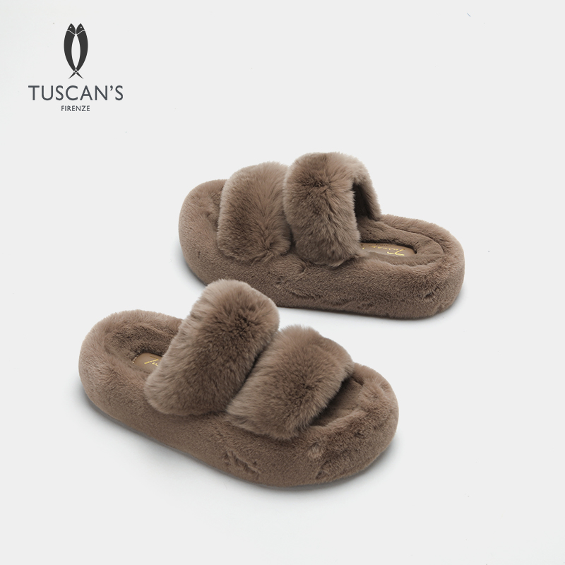 TUSCAN'S秋季新款真兔毛时尚百搭外穿毛毛拖厚底保暖拖鞋