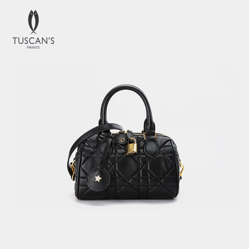 TUSCAN'S真皮时尚经典菱格波士顿枕头包百搭通勤单肩包