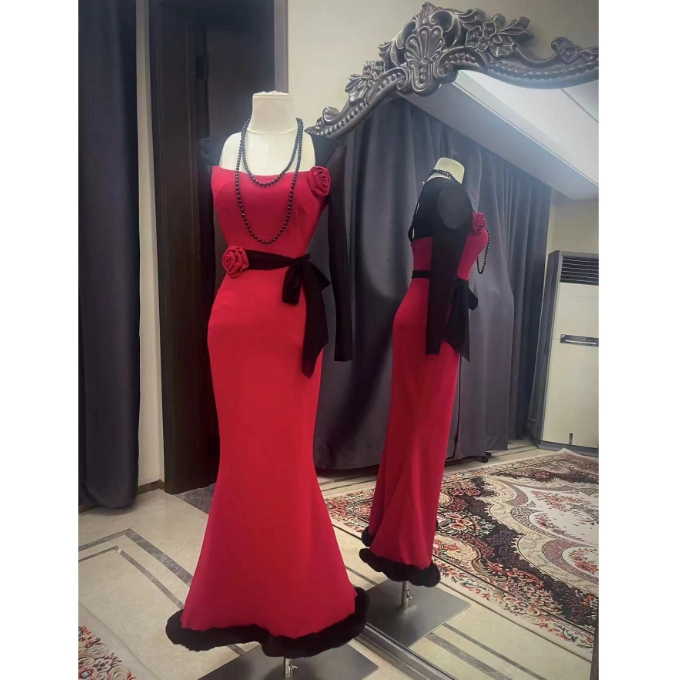 美人鱼【夏娃】原创复古红玫瑰网纱拼接修身长袖鱼尾包臀连衣裙G83