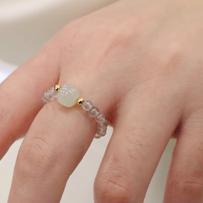 乐尚珠宝百搭和田玉天然月光石戒指小众设计精致关节指环HZH042