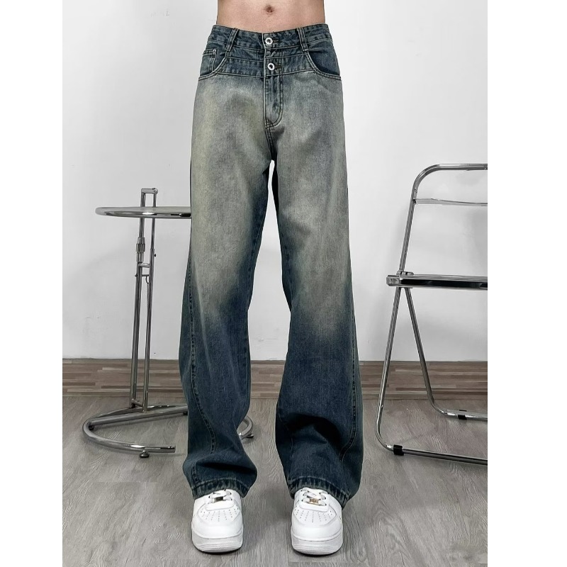 【爆款推荐】水洗做旧阔腿牛仔裤男潮牌百搭休闲轻奢直筒宽松裤子