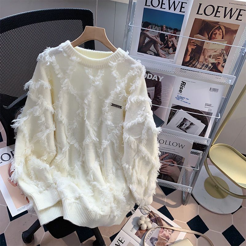 秋冬季白色美式复古针织衫毛衣男百搭潮牌加厚长袖宽松慵懒风圆领