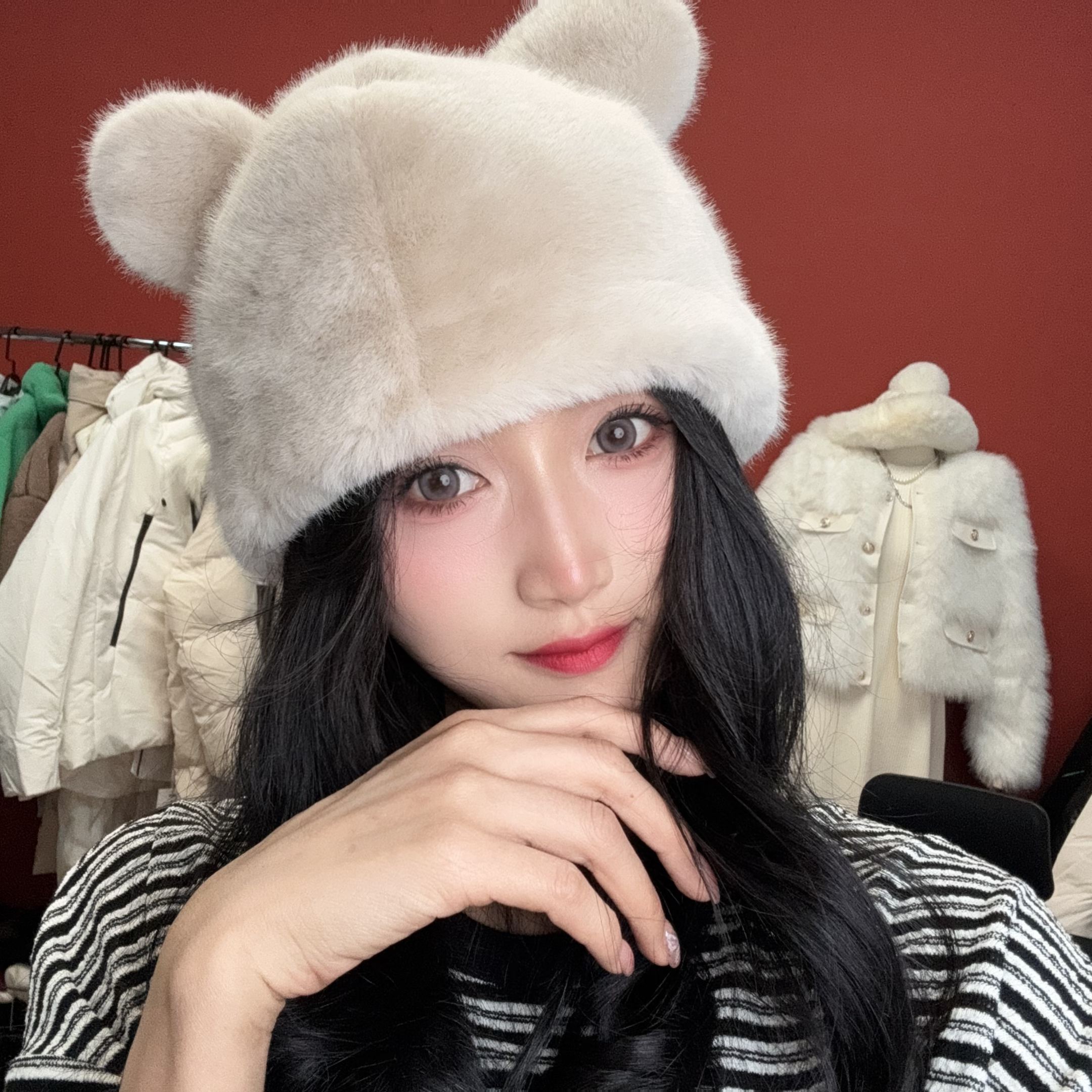 【耳朵 帽子】毛茸茸加厚耳朵秋冬凹造型可爱减龄帽子