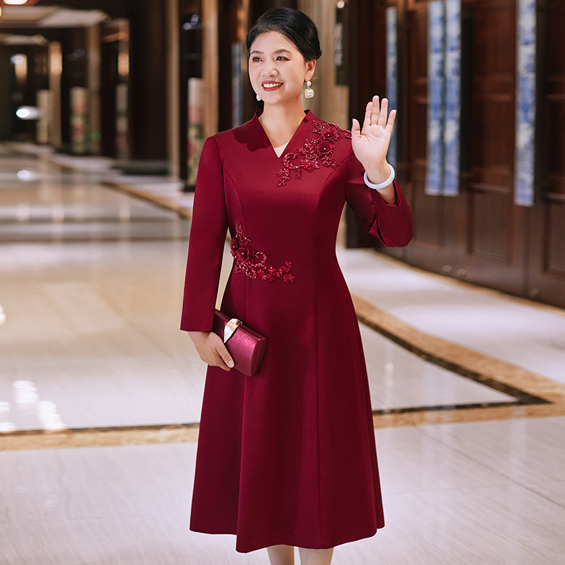 蕾蒂若婚礼礼服服装新款V领妈妈高档气质洋气婚宴高端宴会旗袍415