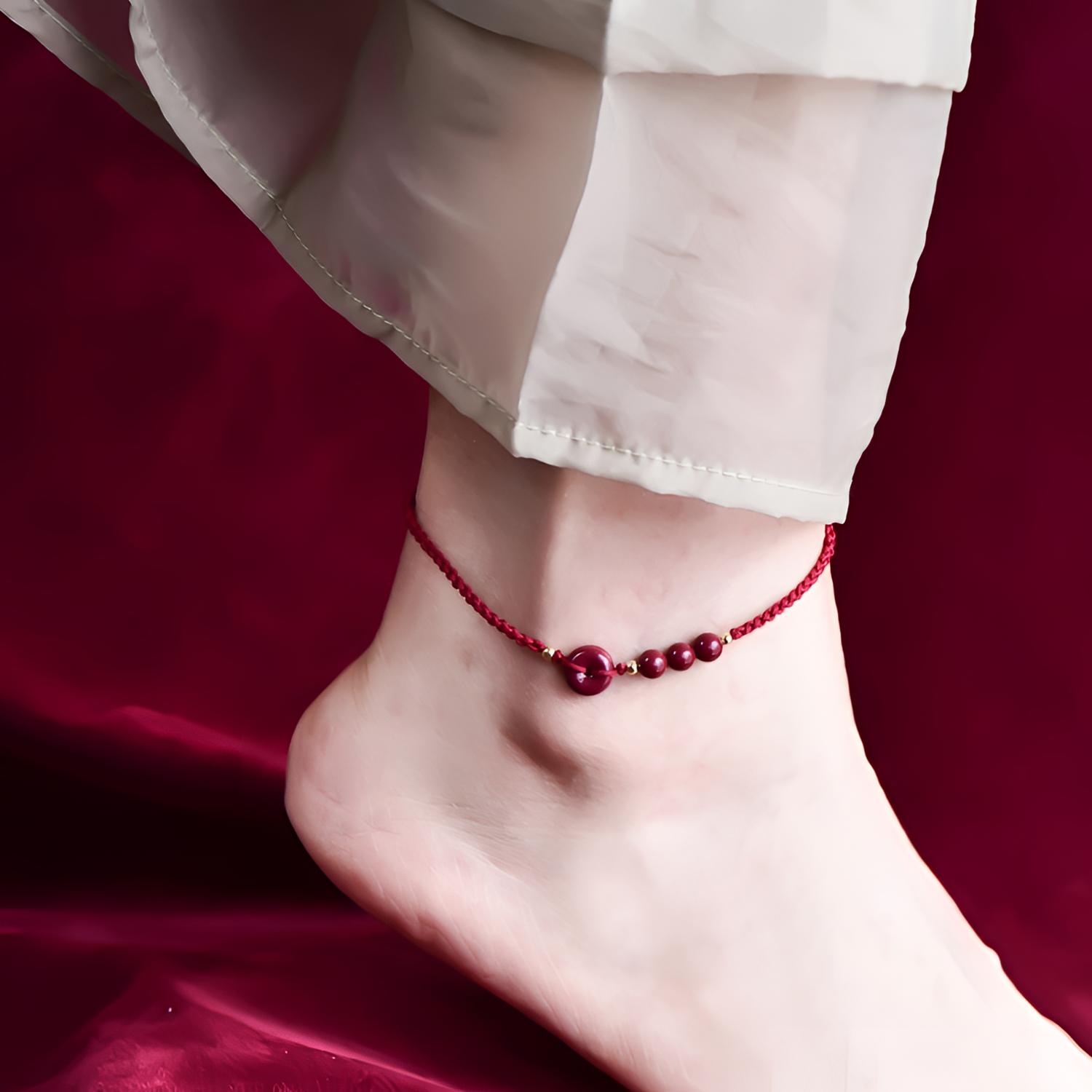 含辰砂工艺品保真朱砂原创平安扣四叶草爱心如意结红绳脚链编织款