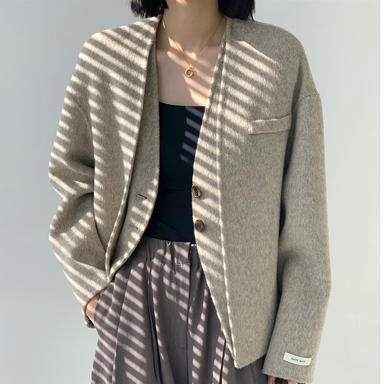 韩国2024秋冬新款短款双面呢大衣女高级感假两件手工羊毛外套