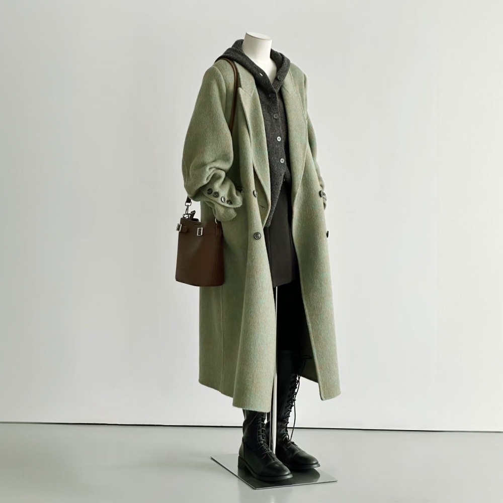 植物系绿色气质通勤双面绒大衣女中长款羊毛西装高级感毛呢外套