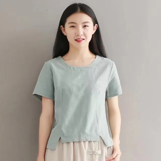【运费补贴】夏季新款复古修身棉麻短款上衣短袖亚麻纯色T恤女装113