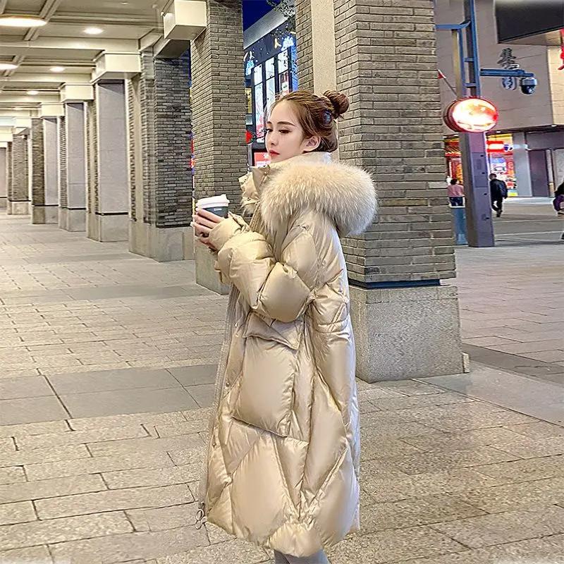 时尚白鸭绒香槟色羽绒服冬2023年女装中长款过膝宽松显瘦厚外套女