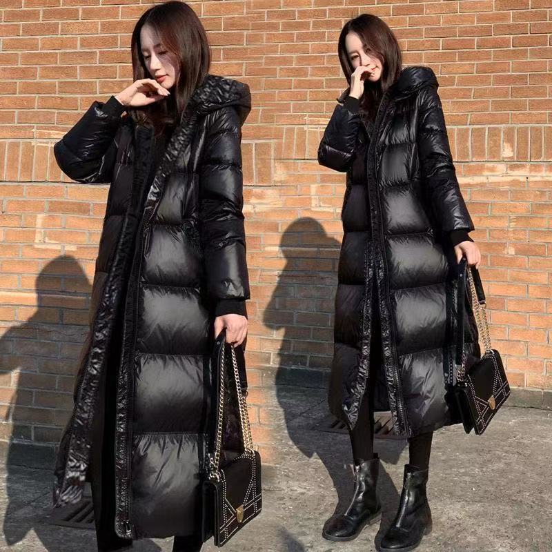 爆款黑色羽绒羽绒服长款过膝懂年新款亮面韩版宽松羽绒衣同