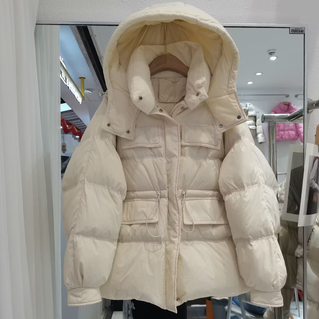 秋冬2023冬装反季新款多巴胺羽绒服女韩版短款连帽加厚收腰白鸭