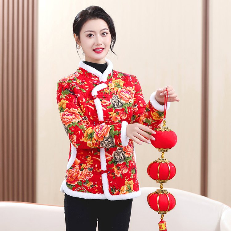 新款冬装妈妈时尚碎花小棉衣网红短款外套加厚大花棉袄女装中国风