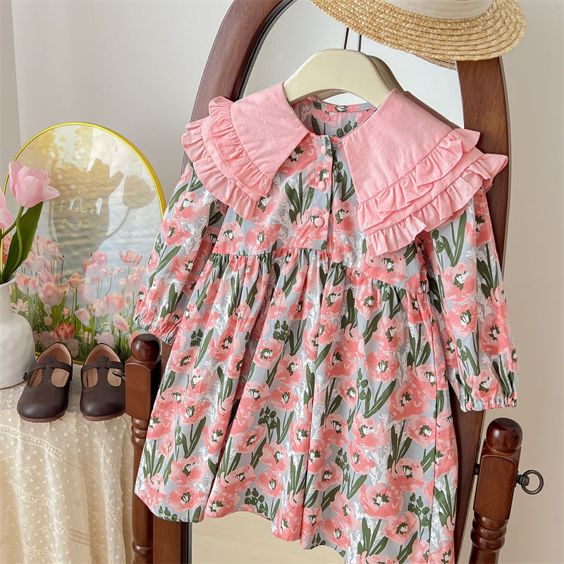 童装女童连衣裙2023秋装新款公主裙儿童洋气娃娃领裙子宝宝碎花裙