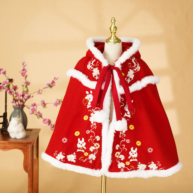 汉服女童冬季兔子刺绣披风斗篷仙女加厚中国风古装兔年披肩拜年服