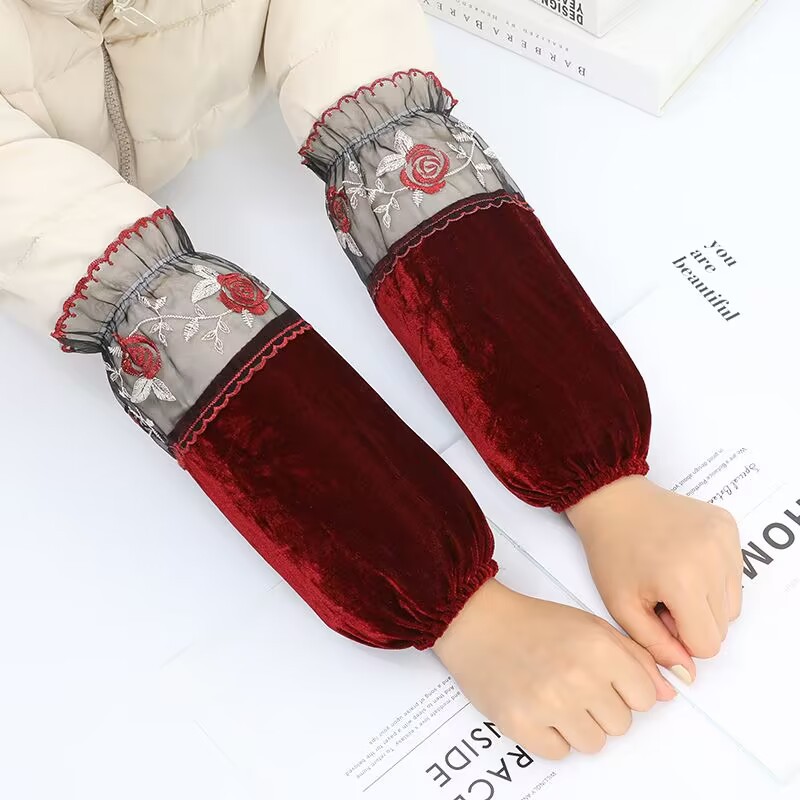 金丝绒袖套女长款女冬季工作蕾丝套袖女士厨房护袖套成人袖头批发