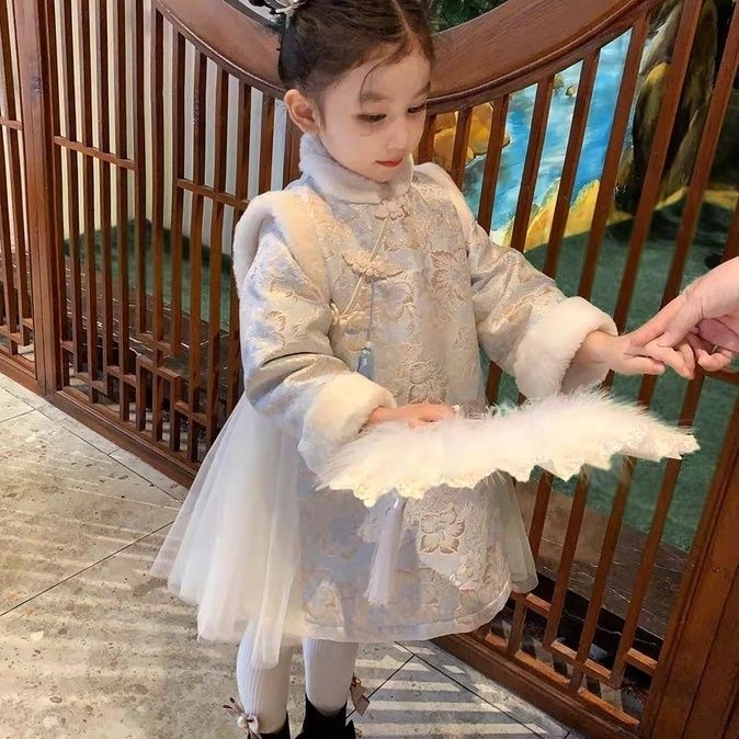 汉服女童秋冬季中国风周岁生日旗袍套装蓝色加绒加厚连衣裙拜年服