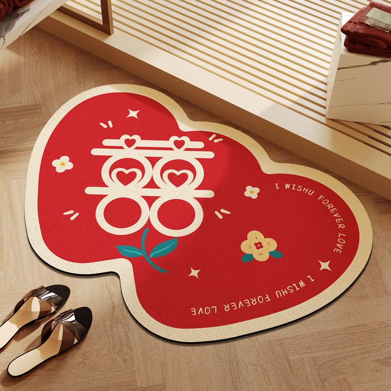 家用吸水防滑地垫婚房红地毯婚礼浴室喜字地垫结婚硅藻泥吸水地垫