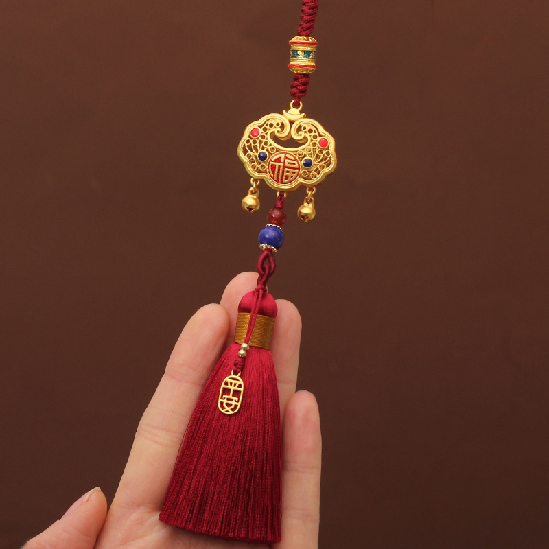 汽车挂件车内吊饰平安锁铜古法金红色车装后视镜装饰女手工创意