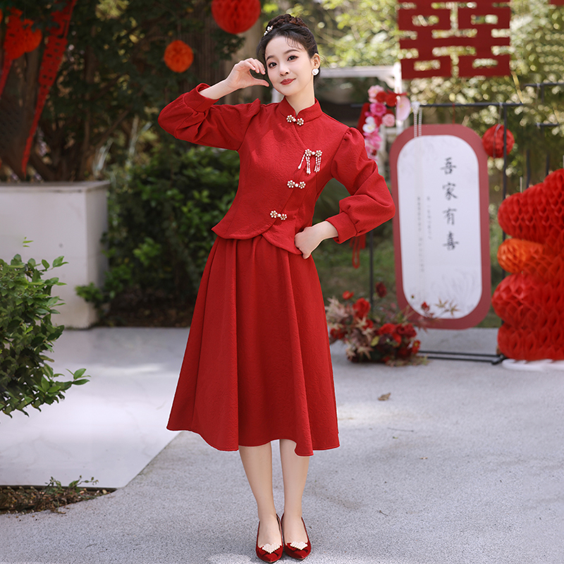 冬天旗袍套装2025新款结婚订婚礼服裙秋冬季加绒敬酒服新娘酒红色