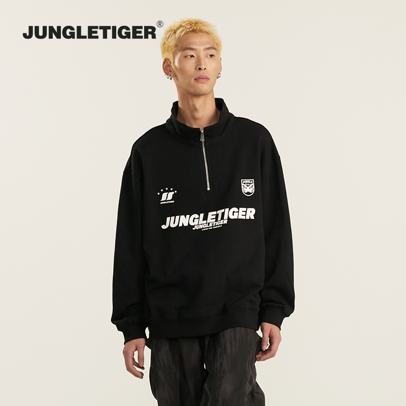 丛林老虎厚板胶LOGO立领卫衣男女秋冬重磅毛圈拉毛半拉链情侣上衣
