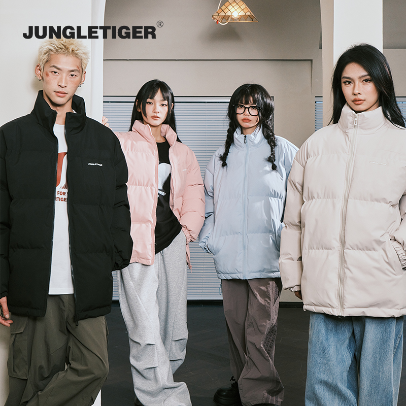 丛林老虎国潮厚板胶logo立领棉服男女冬季宽松加厚保暖面包服外套