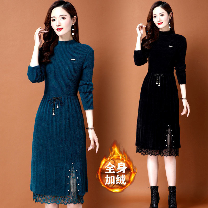 仿貂绒时尚加厚连衣裙女秋冬新款过膝显瘦中长款针织打底系带毛衣