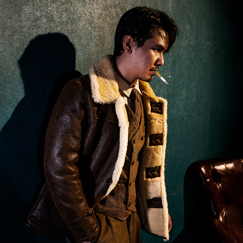 莫臣男装中长款单排扣翻领男士冬季保暖外套秋冬大衣真皮皮衣303