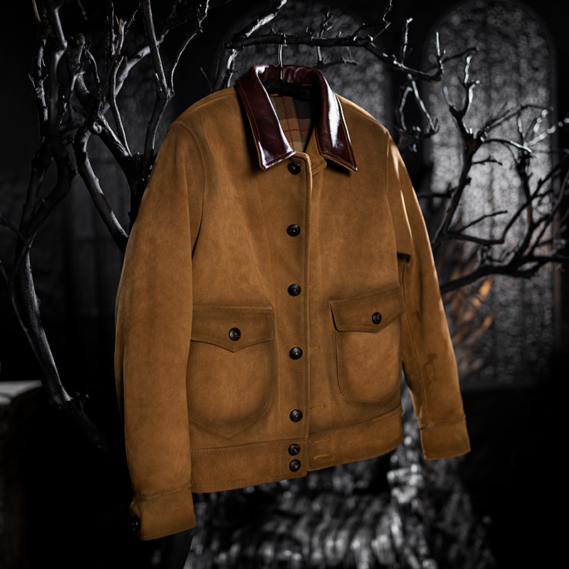 莫臣男装美式复古春秋新款 F072翻领牛皮反绒真皮皮衣