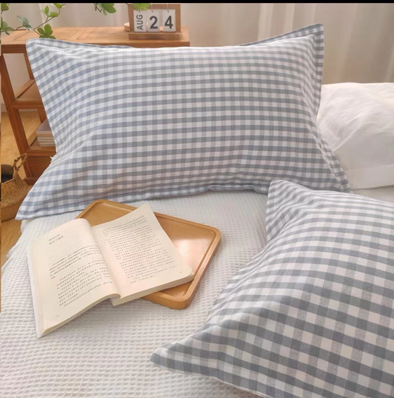 老粗布纯棉格子条纹枕套