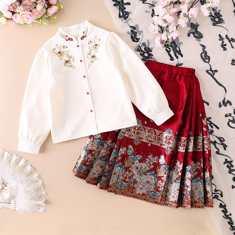 2025冬季季新款女童古风中国风明制汉服蝴蝶马面裙加绒套装