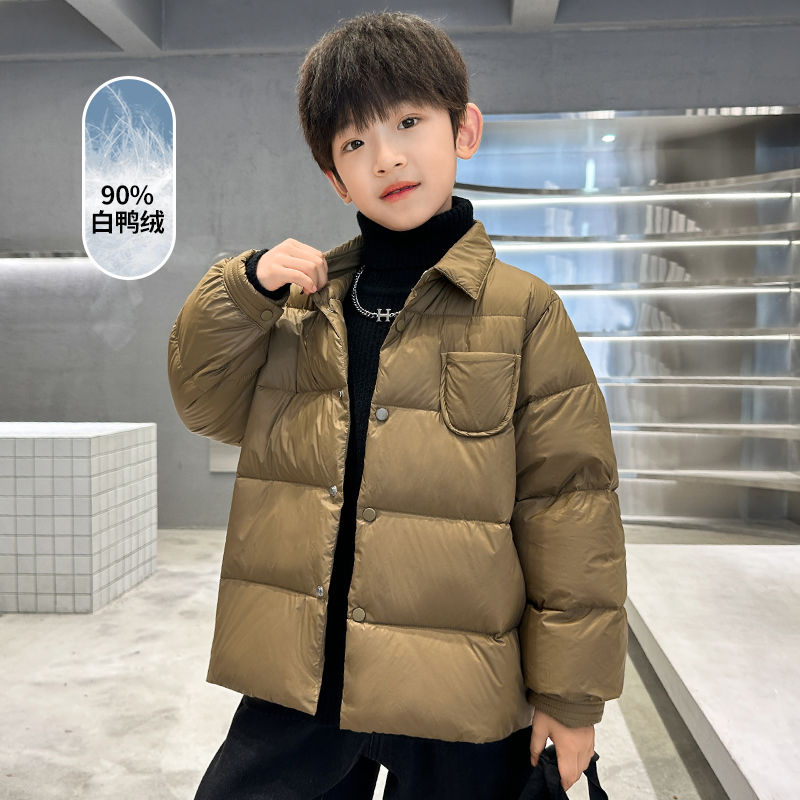 男童保暖羽绒服冬季新款90白鸭绒2023儿童冬装纯色羽绒外套中大童