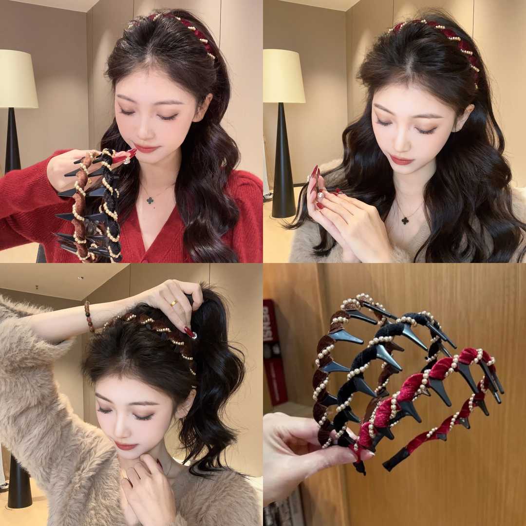 复古丝绒波浪珠珠发箍女春夏洗脸防滑发捆时尚洋气高颅顶头箍发饰