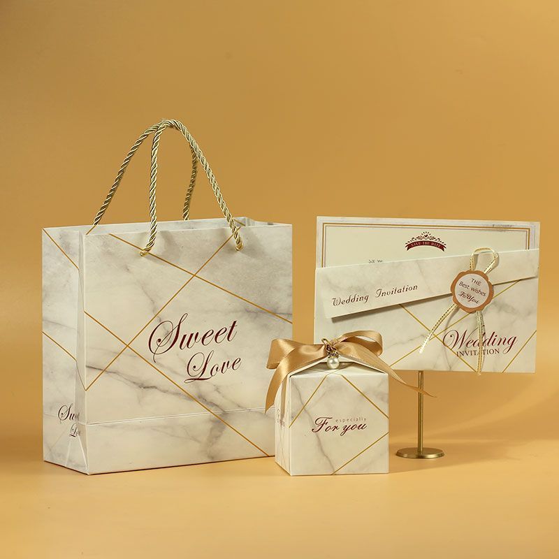 结婚请柬三件套婚礼喜帖礼盒手提袋欧式婚宴糖盒空盒邀请函不含糖