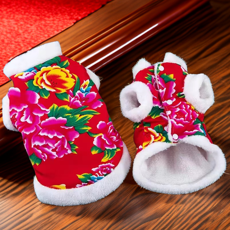 宠物衣服东北大花棉袄猫咪喜庆狗狗新年春冬小背心洋气布偶猫加绒
