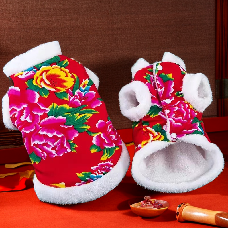 宠物衣服东北大花棉袄猫咪喜庆小背心狗狗新年春冬布偶猫洋气加绒