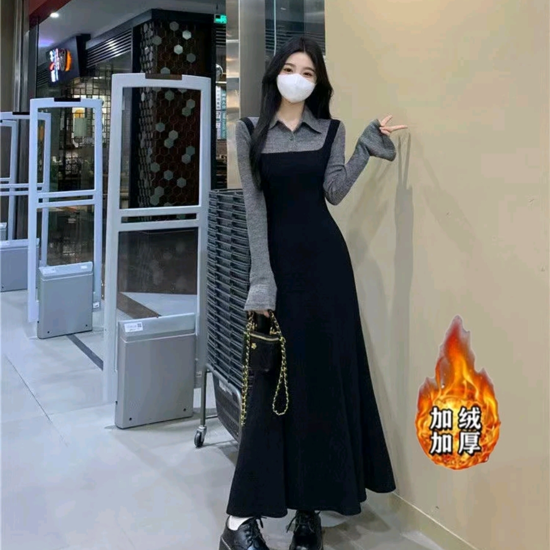 加绒大码连衣裙冬季新款长袖假两件拼接胖MM遮肚子显瘦中长款裙子