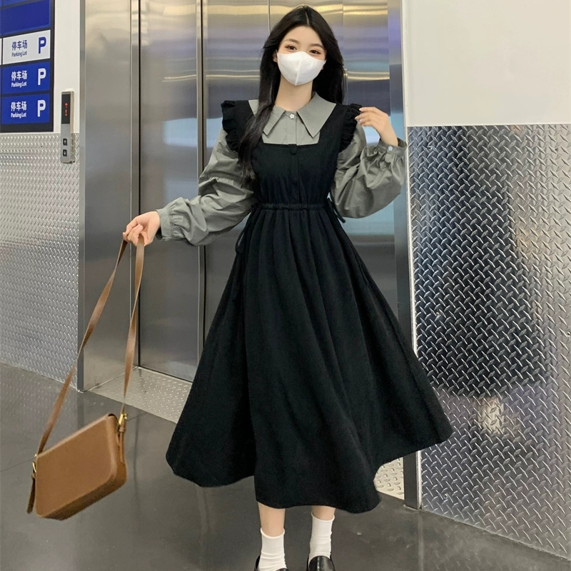 大码女装连衣裙春秋新款长袖气质收腰显瘦赫本风假两件拼接裙子