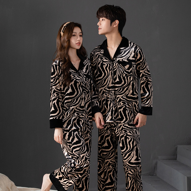 斑马纹情侣睡衣秋冬季新款金丝绒简约休闲高级感家居服套装可外穿