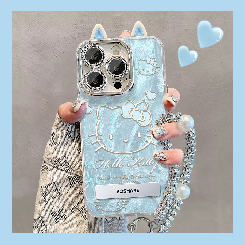 适用苹果vivo华为oppo小米iPhone17粉蓝KT耳朵精孔羽纱支架手机壳