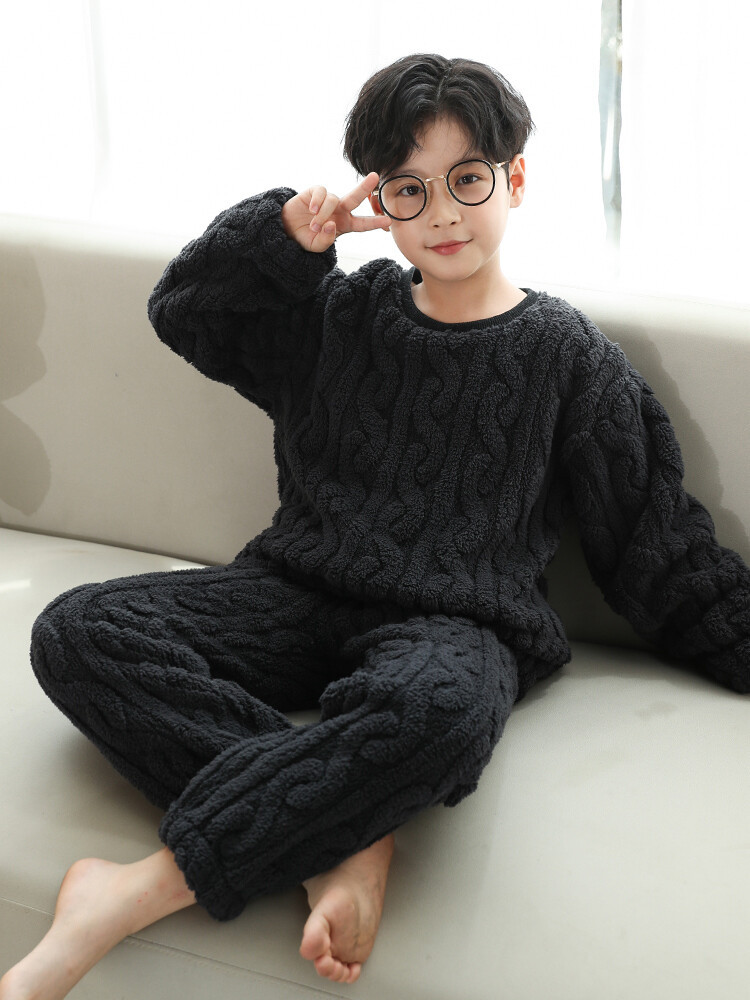 儿童睡衣男童法兰绒家居服保暖衣套装秋冬男孩加厚珊瑚绒外穿冬装