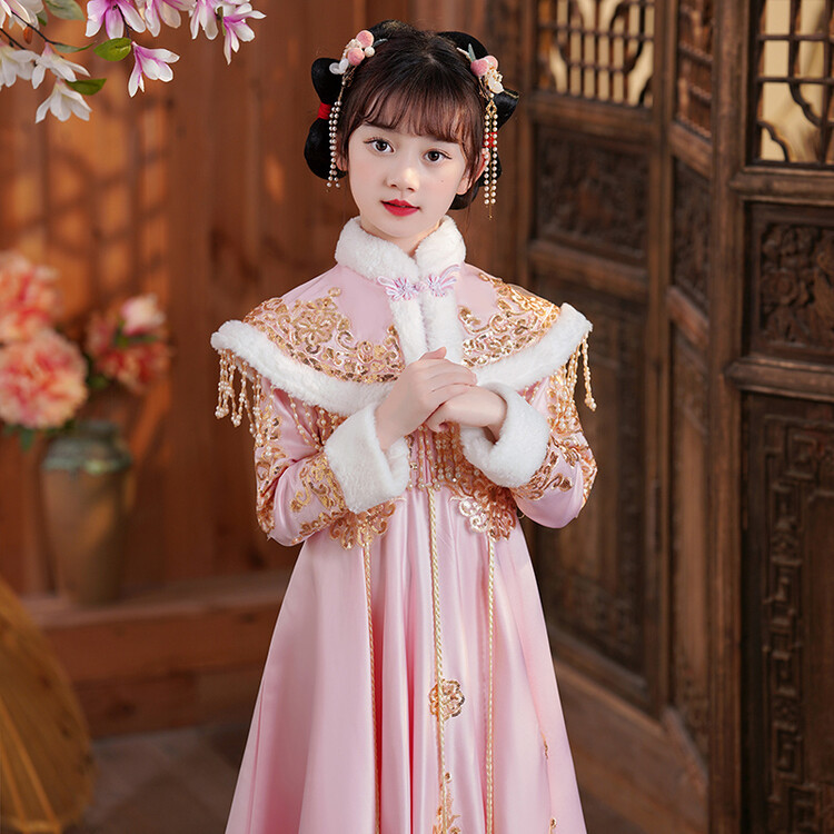 中式花童旗袍裙套装秋冬女童汉服儿童公主洋气国风古风加绒红色