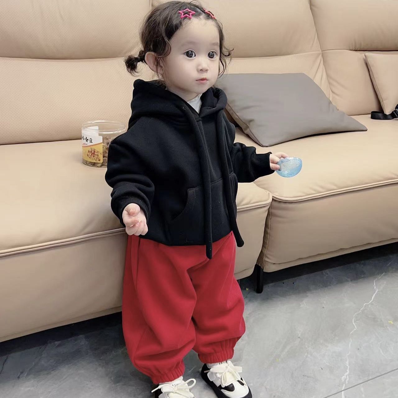 女童加绒连帽男童韩版大童红色打底新款12-15岁潮款秋冬保暖洋气