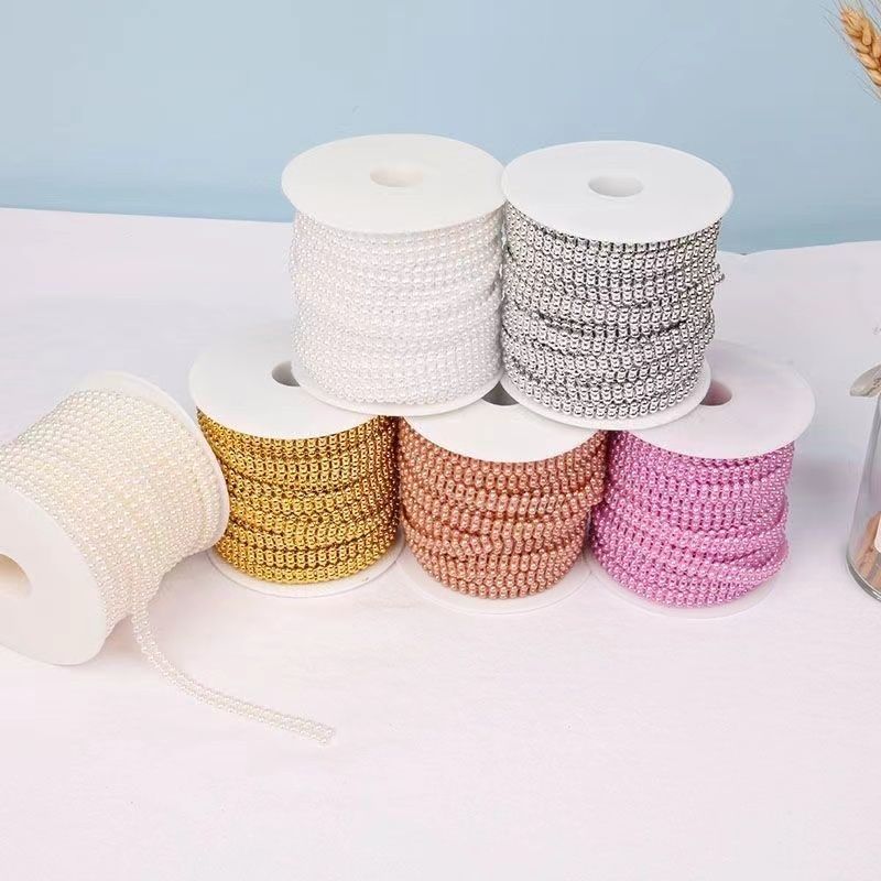 DIY8mm双排彩色连线手工diy配饰花边半面珍珠材料装饰链条配件