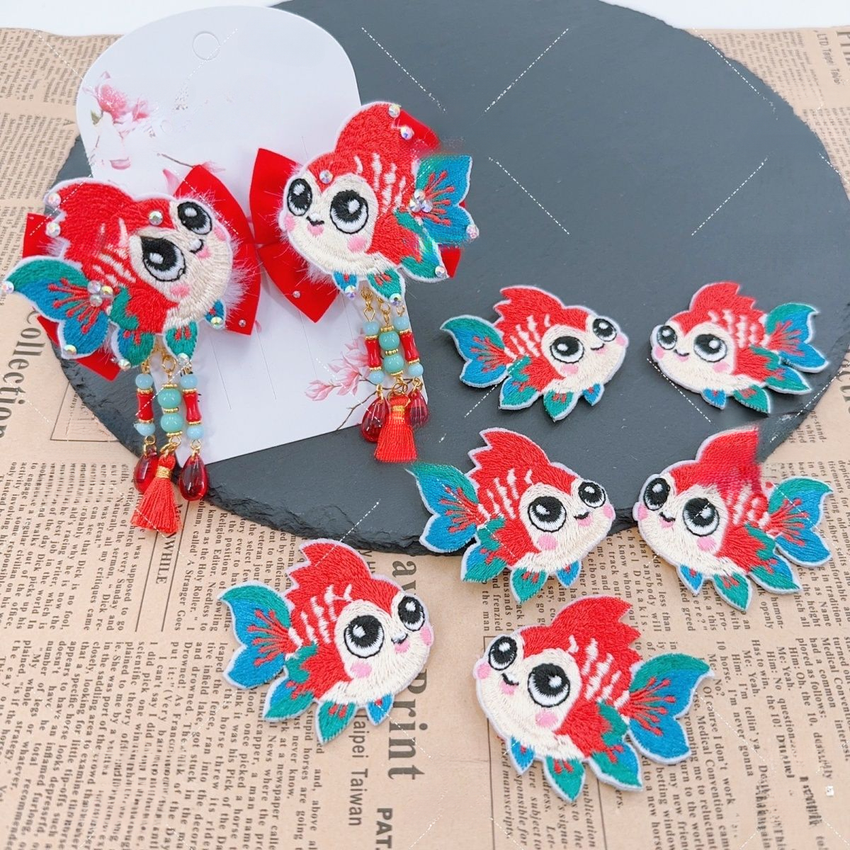 新款刺绣锦鲤小胖鱼好品质针织布艺贴片diy新年发饰对夹材料配件