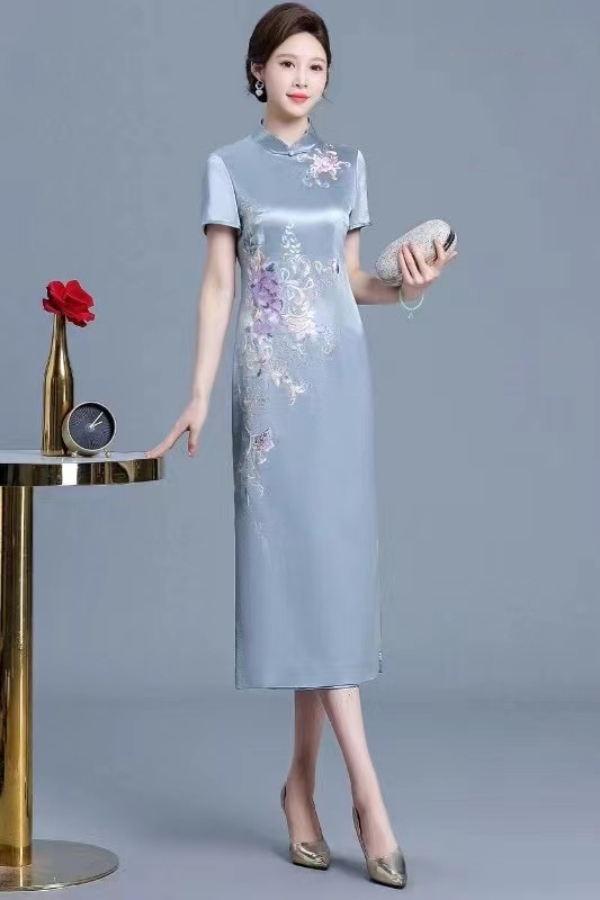 喜婆婆喜妈妈显瘦气质夏季国风长款中国风旗袍中式裙兰色时尚优雅