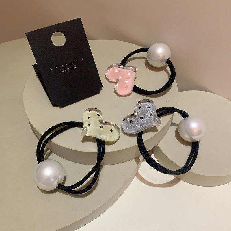 复古波点爱心珍珠头绳韩国新款高级感高弹力皮筋简约百搭发绳发圈