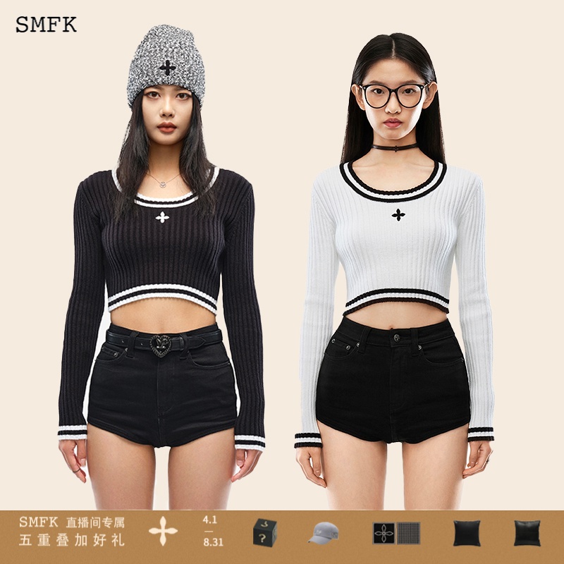 SMFK十字古典短毛衣ULS07B短款长袖上衣时尚修身显瘦 2色