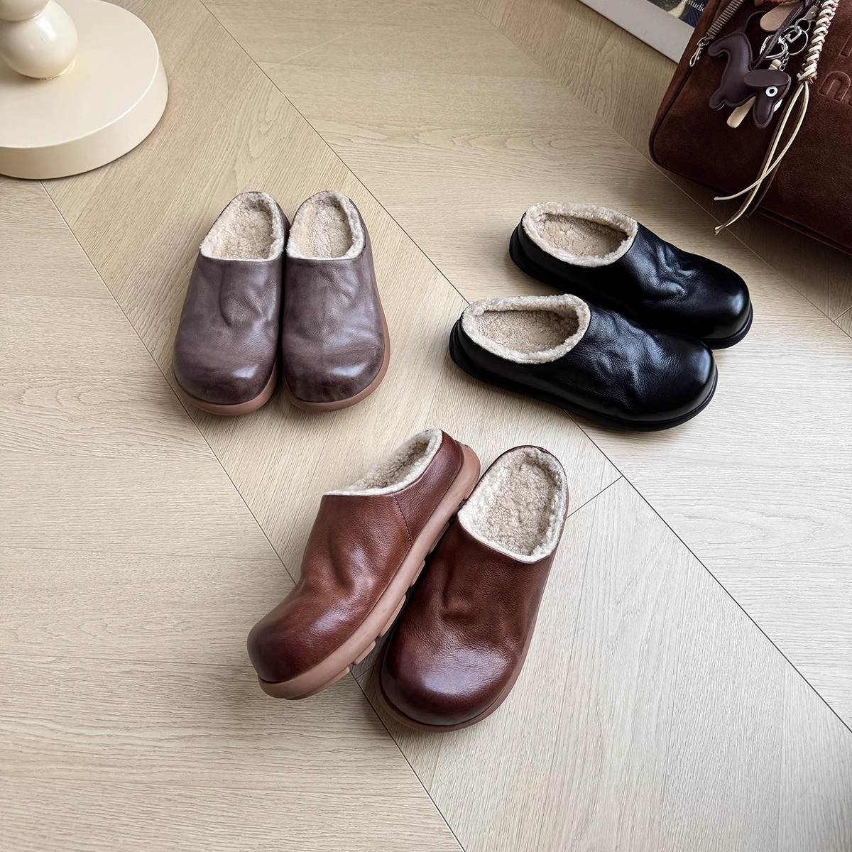 【马皮面】小土豆勃肯鞋女2024秋冬季新款羊羔毛一脚蹬包头毛毛鞋